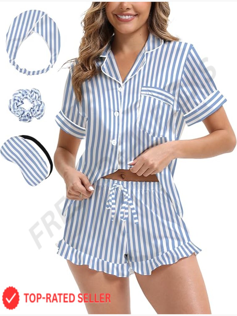 Satin Pajama Set 2 Piece Short Sleeve Ruffle Shorts Button Down Pjs Sleepwear